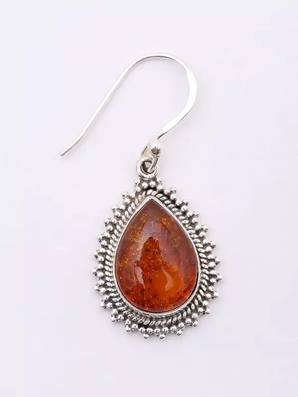 Exotic India Teardrop Shaped Cabochon Baltic Amber Earrings 