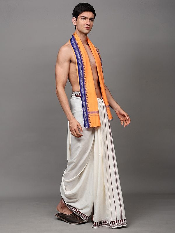 Exotic India Temple Border Cotton Angavastram From Sambhalpur 