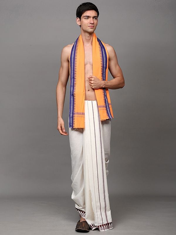 exotic india Temple Border Cotton Angavastram from Sambhalpur 