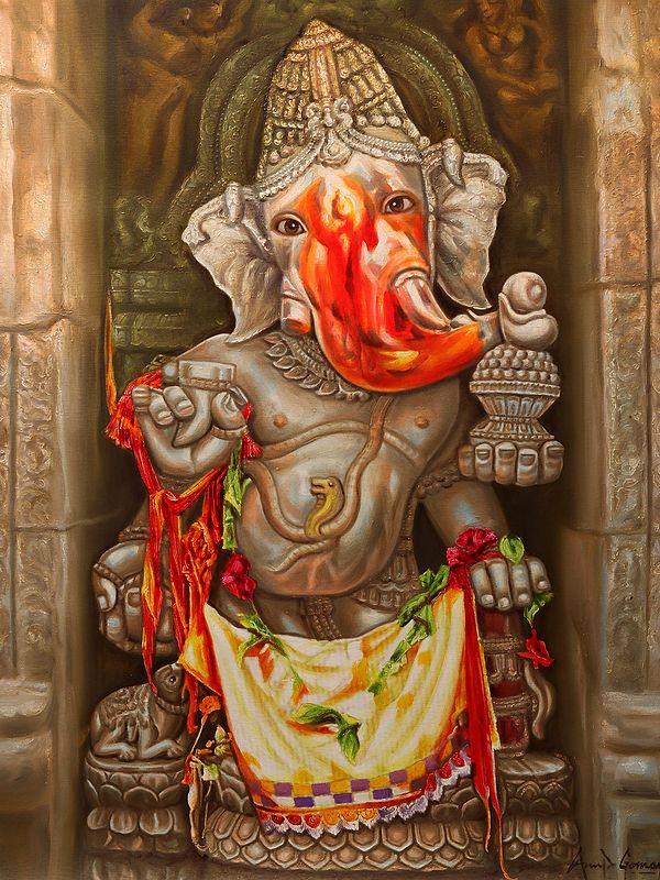 Exotic India Temple Ganesha Oil Painting On Canvas (Portrait Of A Sculpture) | Without Frame