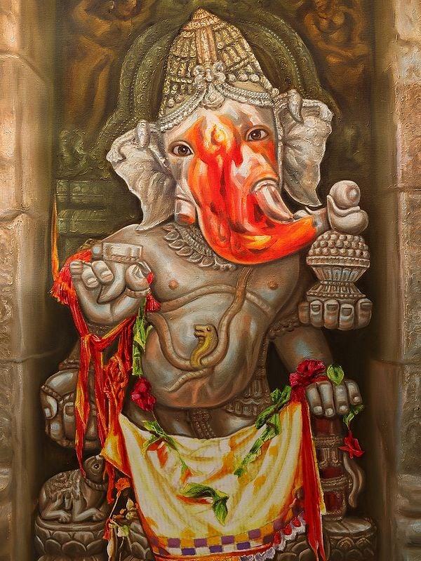 Exotic India Temple Ganesha Oil Painting On Canvas (Portrait Of A Sculpture) | Without Frame