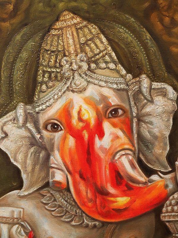 Exotic India Temple Ganesha Oil Painting On Canvas (Portrait Of A Sculpture) | Without Frame