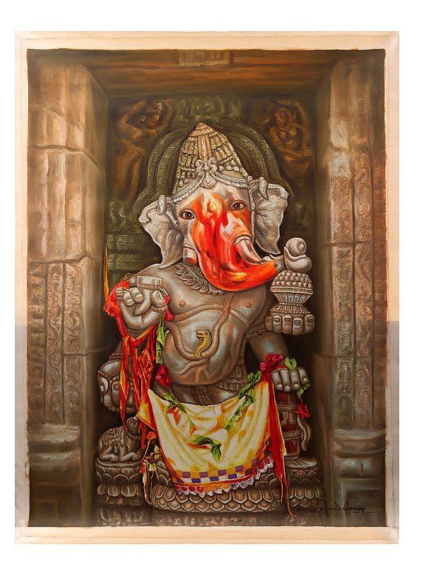 exotic india Temple Ganesha Oil Painting on Canvas (Portrait of a Sculpture) | Without Frame 