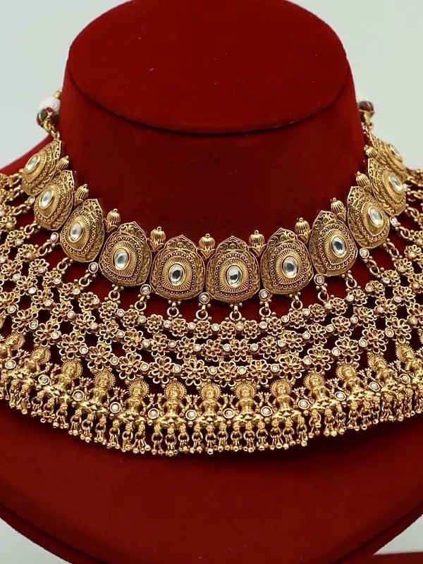 Exotic India Temple Goddess Traditional Stone Studded Choker Necklace With Matching Earrings 
