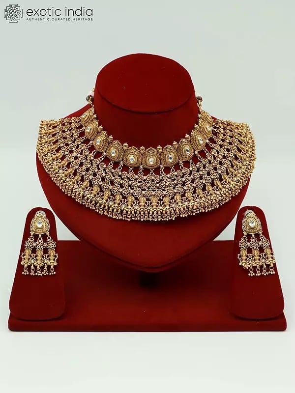 exotic india Temple Goddess Traditional Stone Studded Choker Necklace With Matching Earrings 