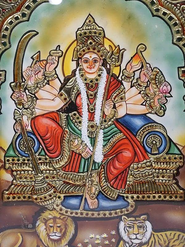 Exotic India Ten-Armed Goddess Durga Framed Tanjore Painting | 24 Karat Gold Work