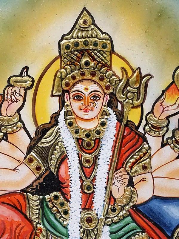 Exotic India Ten-Armed Goddess Durga Framed Tanjore Painting | 24 Karat Gold Work