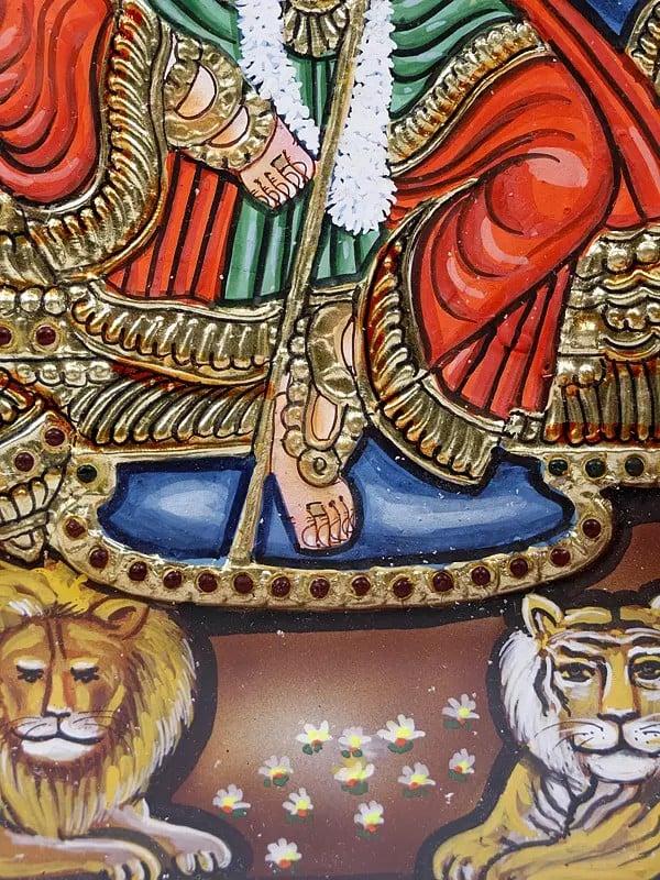 Exotic India Ten-Armed Goddess Durga Framed Tanjore Painting | 24 Karat Gold Work