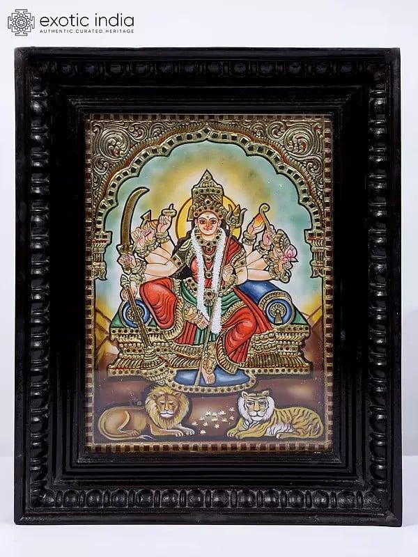 exotic india Ten-Armed Goddess Durga Framed Tanjore Painting | 24 Karat Gold Work 