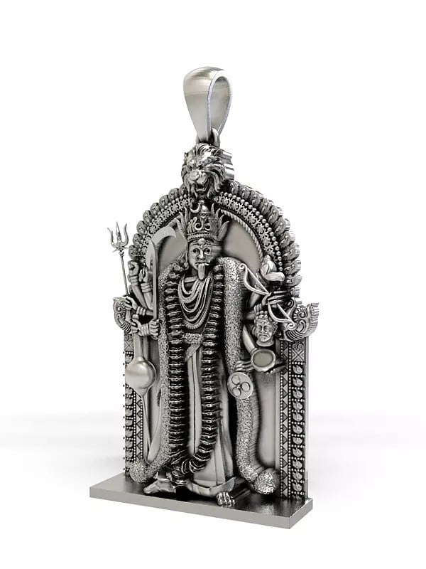 Exotic India Ten Armed Goddess Kali Sterling Silver Pendant With Lion Arch 