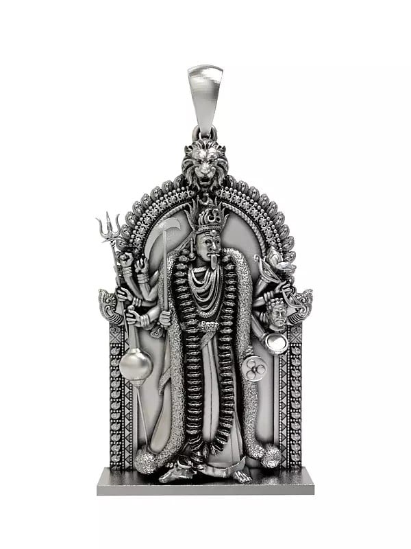 exotic india Ten Armed Goddess Kali Sterling Silver Pendant with Lion Arch 