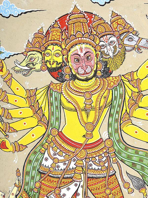 Exotic India Ten Armed Panchamukhi Lord Hanuman | Pattachitra Painting