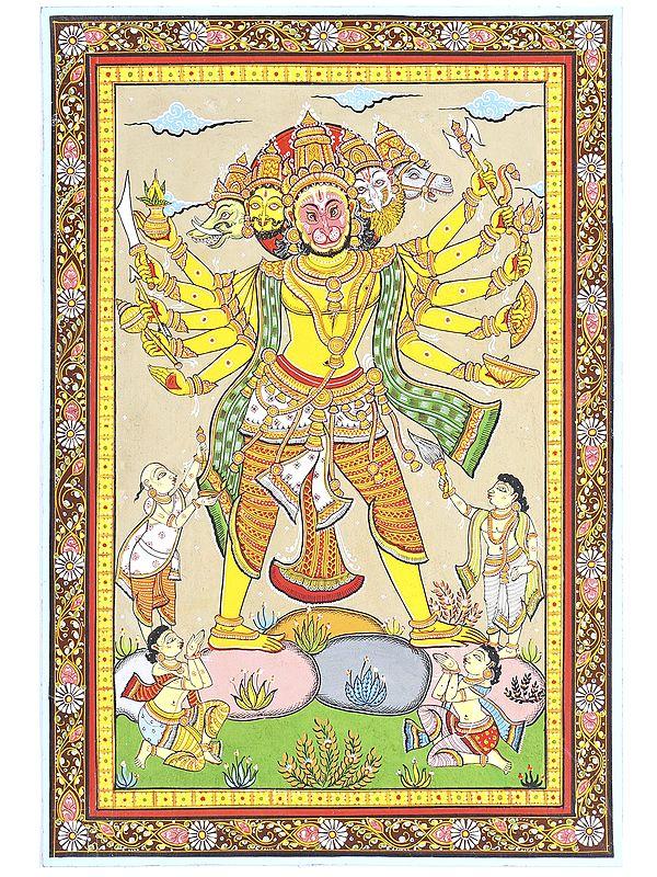 exotic india Ten Armed Panchamukhi Lord Hanuman | Pattachitra Painting