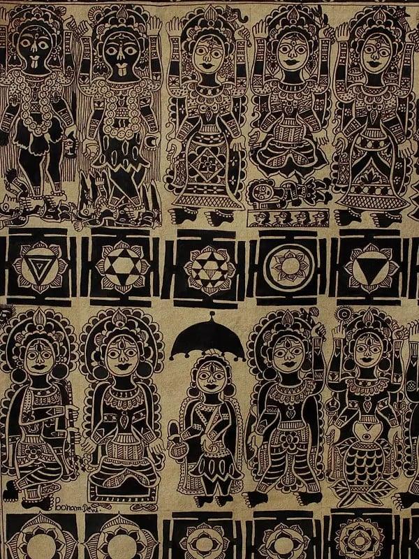 Exotic India Ten Mahavidya (Tantrik Goddesses) With Dashavatara Of Lord Vishnu With Yantras | Madhubani Painting 