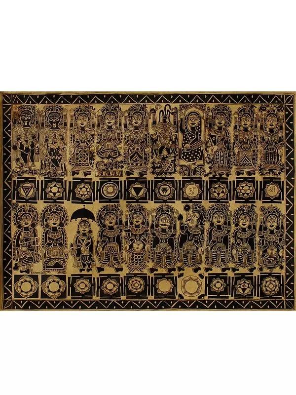 exotic india Ten Mahavidya (Tantrik Goddesses) with Dashavatara of Lord Vishnu with Yantras | Madhubani Painting 