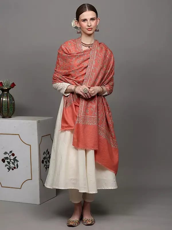 Exotic India Terra-Cotta Pure Pashmina Shawl With Floral Jaaldar Sozni Embroidery By Hand 