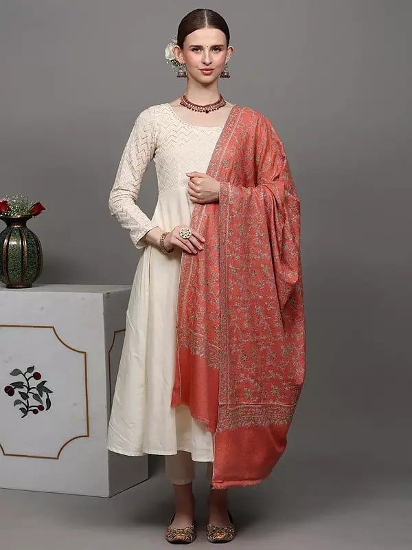 Exotic India Terra-Cotta Pure Pashmina Shawl With Floral Jaaldar Sozni Embroidery By Hand 