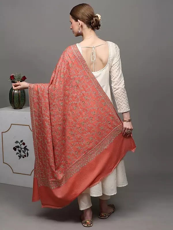 Exotic India Terra-Cotta Pure Pashmina Shawl With Floral Jaaldar Sozni Embroidery By Hand 