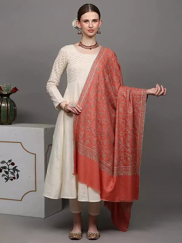 exotic india Terra-Cotta Pure Pashmina Shawl with Floral Jaaldar Sozni Embroidery by Hand 