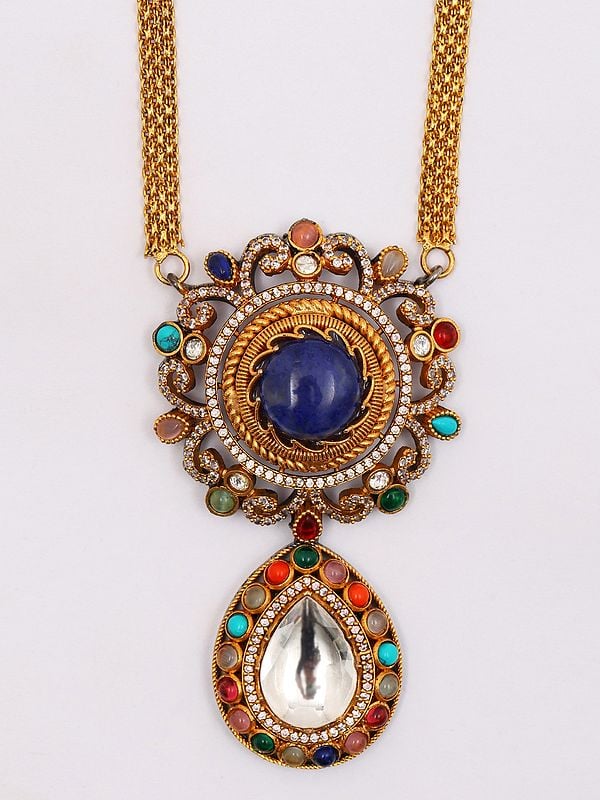 Exotic India Textured Chain Multicolor Stone Studded Long Necklace Set With Earrings 