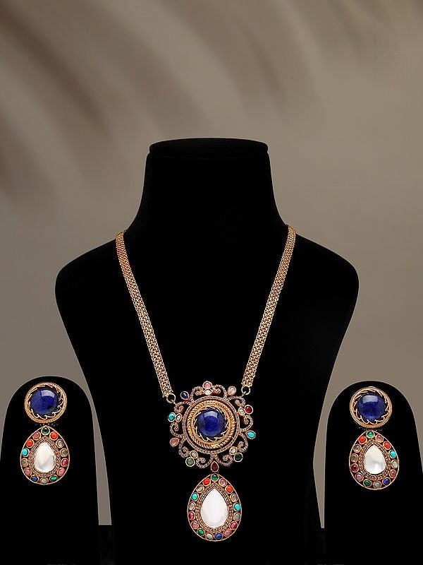 exotic india Textured Chain Multicolor Stone Studded Long Necklace Set with Earrings 