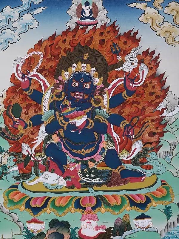 Exotic India The Angry Kaal Bhairav | Tibetan Brocadeless Thangka Painting 