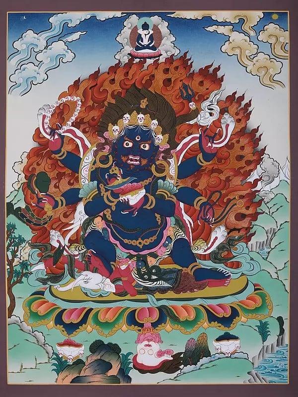 exotic india The Angry Kaal Bhairav | Tibetan Brocadeless Thangka Painting 