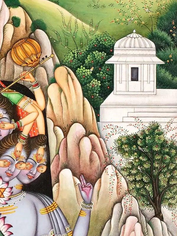 Exotic India The Birth Of Andhaka - Devi Parvati's Playfulness On Mandara Parvat | Superfine Watercolor Painting 