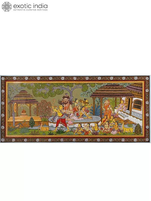 exotic india The Sage Valmiki Trains Luv - Kush in The Art of Archery - An Episode from The Ramayana | Pattachitra Painting From Odisha