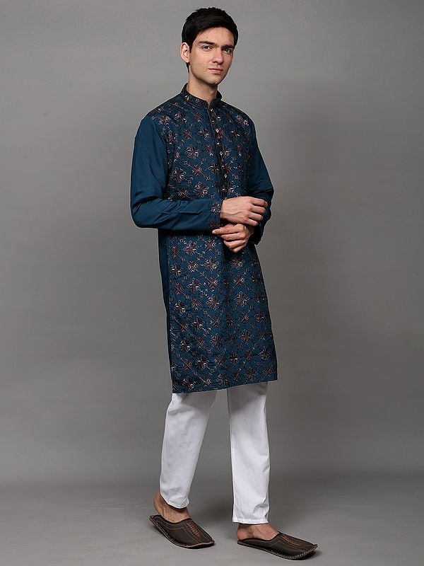 Exotic India Thread Embroidered Aztec Pattern Kurta With Sequins Work And White Pajama 