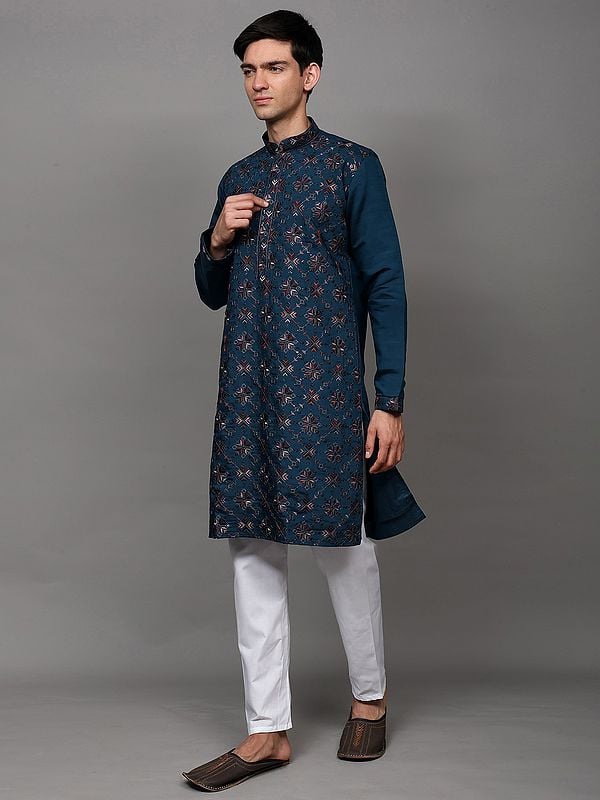 Exotic India Thread Embroidered Aztec Pattern Kurta With Sequins Work And White Pajama 