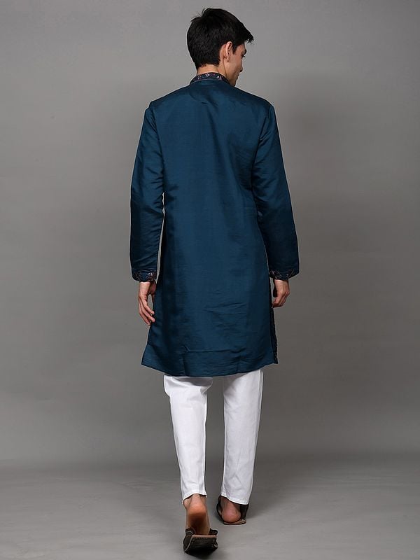 Exotic India Thread Embroidered Aztec Pattern Kurta With Sequins Work And White Pajama 