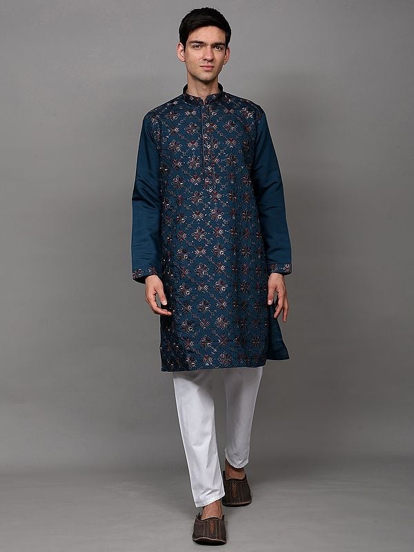 exotic india Thread Embroidered Aztec Pattern Kurta with Sequins work and White Pajama 