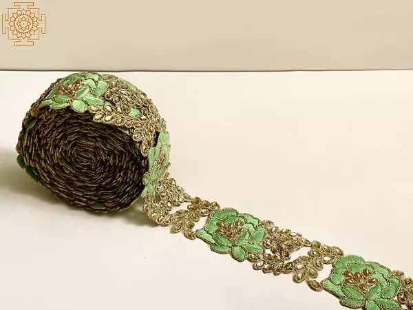 Exotic India Thread Embroidered Flower Border With Droplet Bead And Stone 
