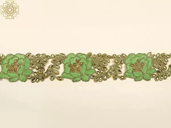 Exotic India Thread Embroidered Flower Border With Droplet Bead And Stone 