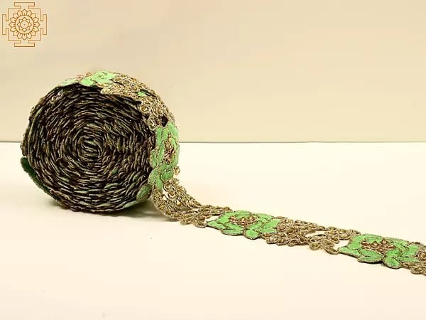 exotic india Thread Embroidered Flower Border with Droplet Bead and Stone 