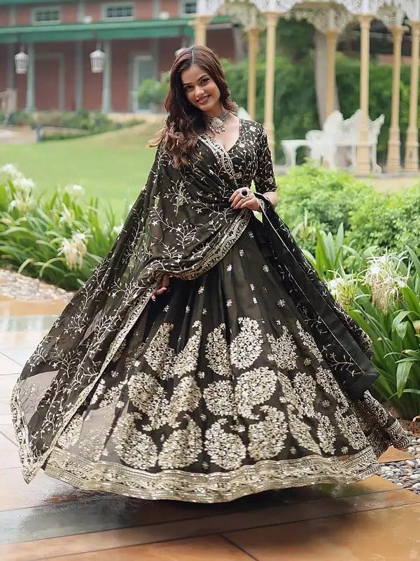 Exotic India Thread Embroidery And Heavy Sequins Work Rangoli Silk Designer Lehenga Choli With Matching Dupatta