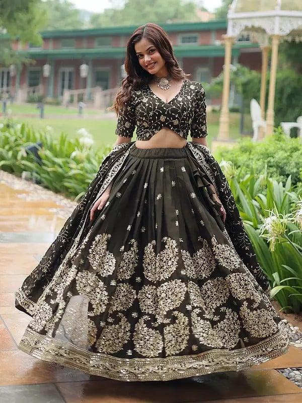 Exotic India Thread Embroidery And Heavy Sequins Work Rangoli Silk Designer Lehenga Choli With Matching Dupatta