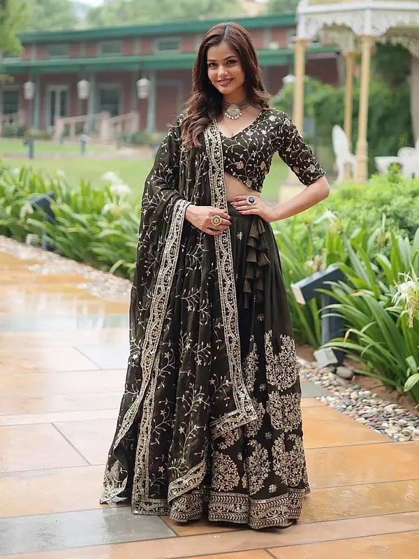 exotic india Thread Embroidery And Heavy Sequins Work Rangoli Silk Designer Lehenga Choli With Matching Dupatta 