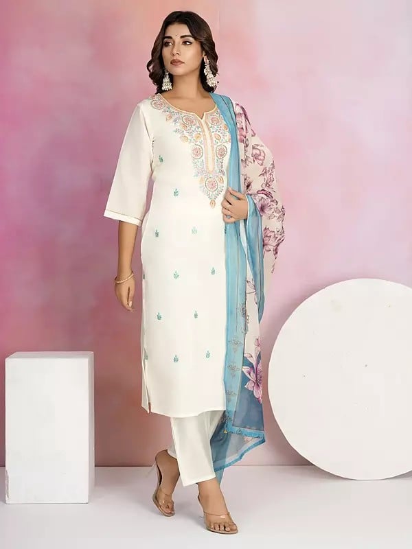 Exotic India Thread Embroidery Work Viscose Chanderi Fancy Kurta Set With Dupatta For Festive Occasion 