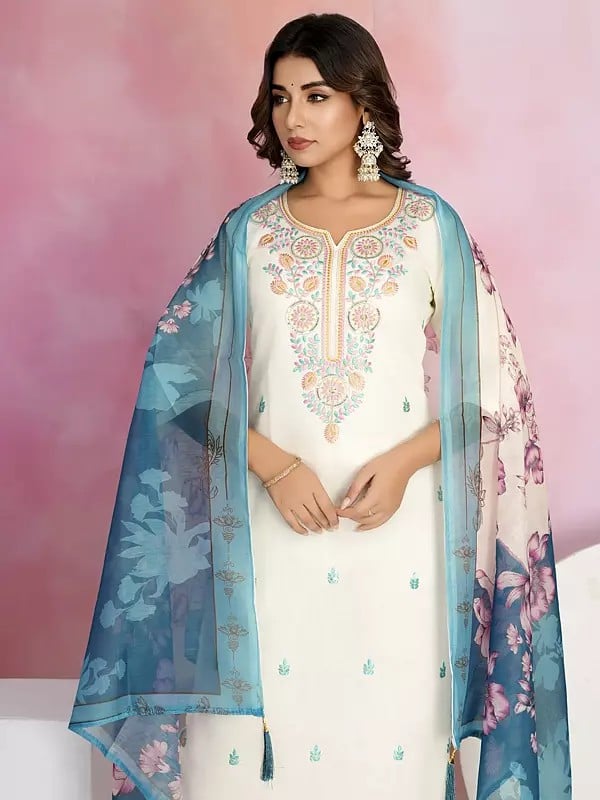 Exotic India Thread Embroidery Work Viscose Chanderi Fancy Kurta Set With Dupatta For Festive Occasion 
