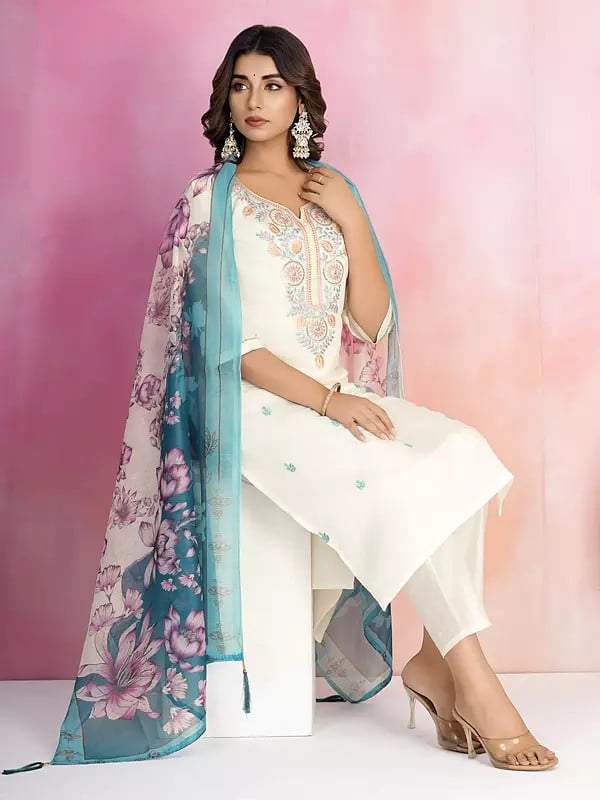 Exotic India Thread Embroidery Work Viscose Chanderi Fancy Kurta Set With Dupatta For Festive Occasion 