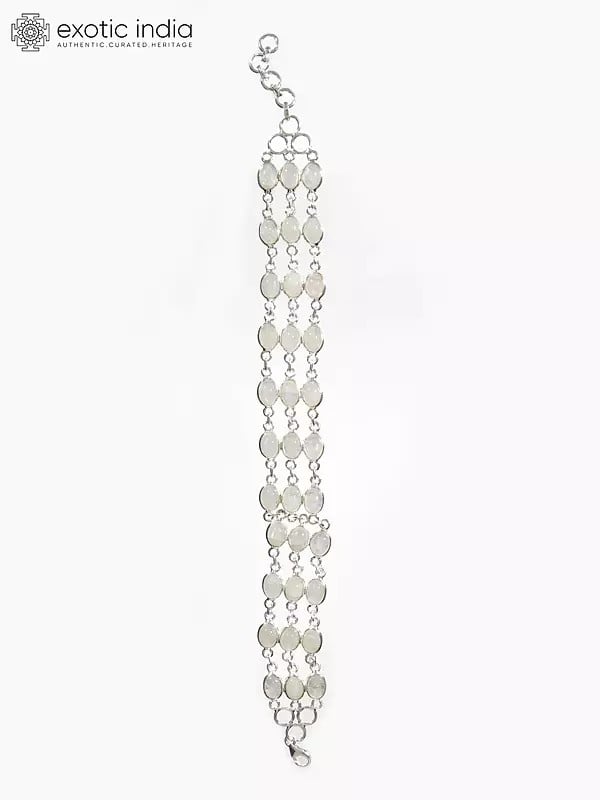 Exotic India Three Layer Sterling Silver Bracelet With Cabochon Rainbow Moonstone 