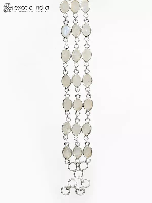 Exotic India Three Layer Sterling Silver Bracelet With Cabochon Rainbow Moonstone 