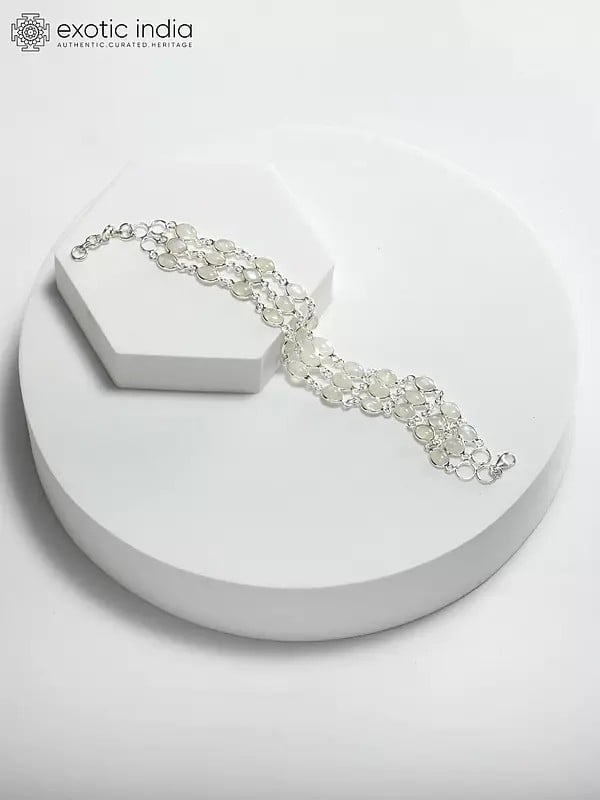 exotic india Three Layer Sterling Silver Bracelet with Cabochon Rainbow Moonstone 