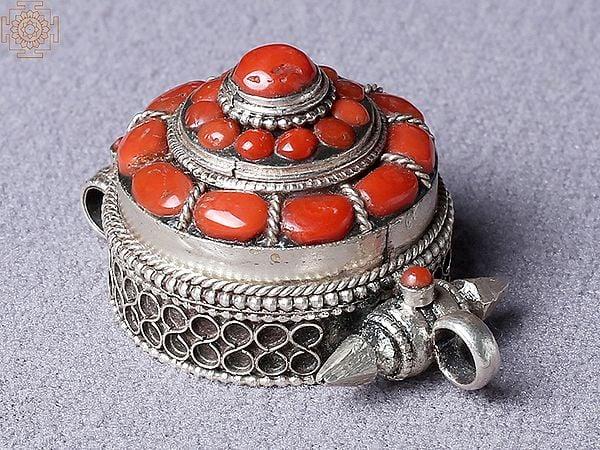 Exotic India Three Layered Round Tibetan Coral Ghau Pendant From Nepal