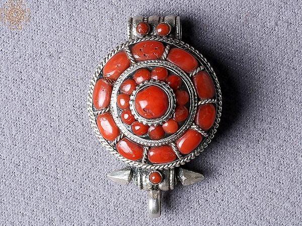 exotic india Three Layered Round Tibetan Coral Ghau Pendant from Nepal 