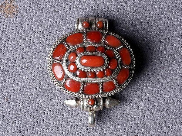 exotic india Three Layered Tibetan Coral Ghau Pendant from Nepal 