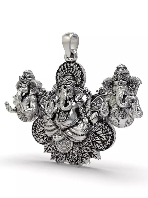 Exotic India Three Lord Ganesha Sterling Silver Pendant