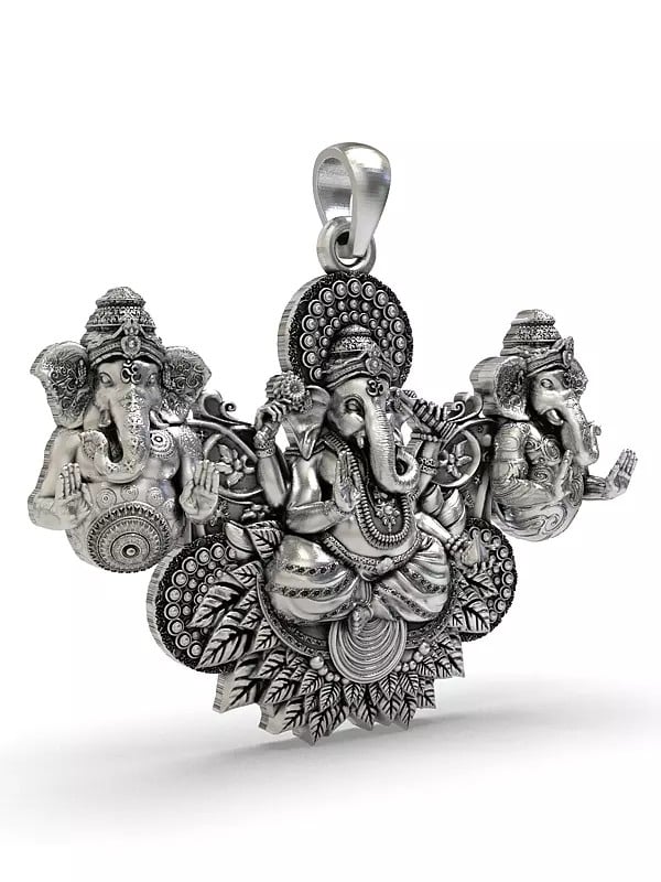 Exotic India Three Lord Ganesha Sterling Silver Pendant